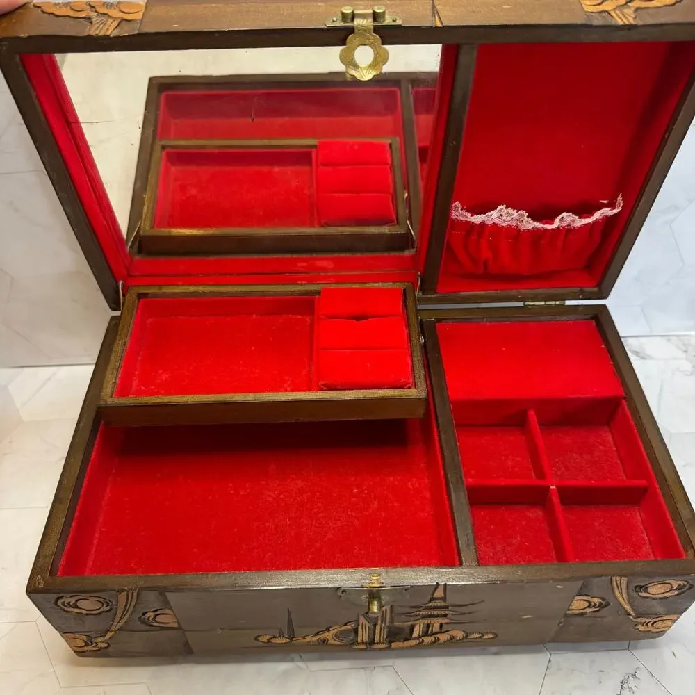 Vintage Asian Carved Jewelry Music Box Wood Pagoda Scenes Dresser Chest in EUC